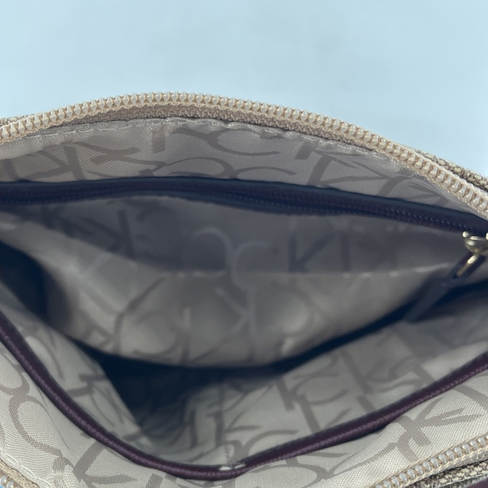 Rare Calvin Klein Signature Allover Monogram Taupe Crossbody Maroon Strap Gold - Picture 11 of 16